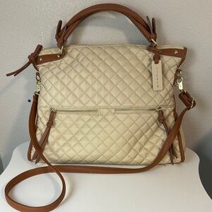 Steve Madden Cream Quilted Women's Bag with brown leather handles.